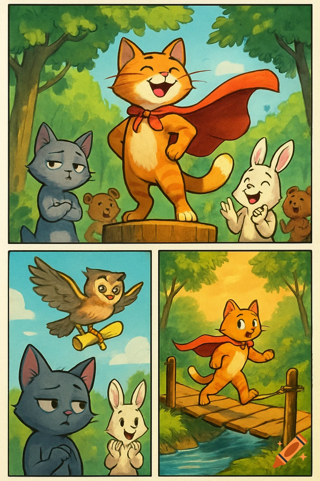 A three-panel cartoon comic featuring an orange cat superhero, a skeptical gray cat, a happy bunny, and an owl in a green forest setting.