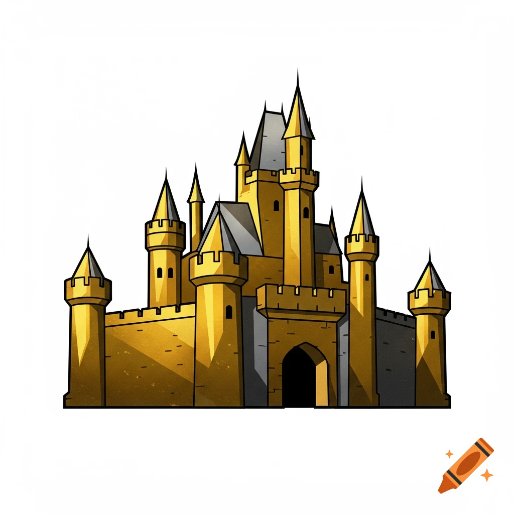 A cartoonish, golden castle with grey roofs and spires on a white background.