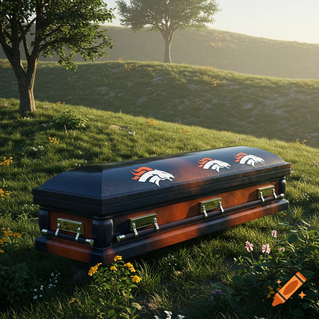 A photorealistic Denver Broncos branded casket sits on a sunny, grassy hill with wildflowers and trees in the background.