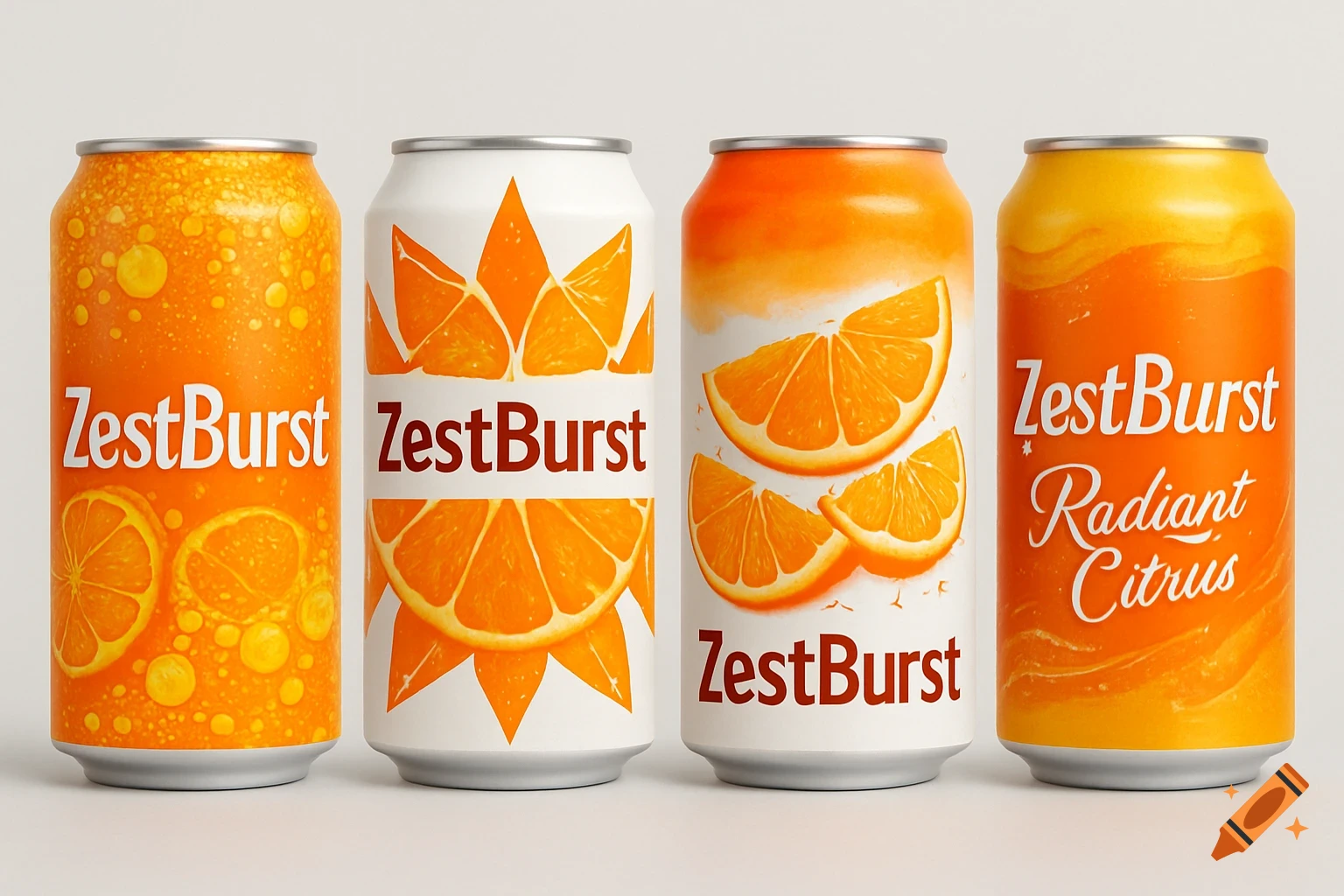 Four orange-themed soda cans with 'ZestBurst' branding and 'Radiant Citrus' flavor in various designs, against a white background.