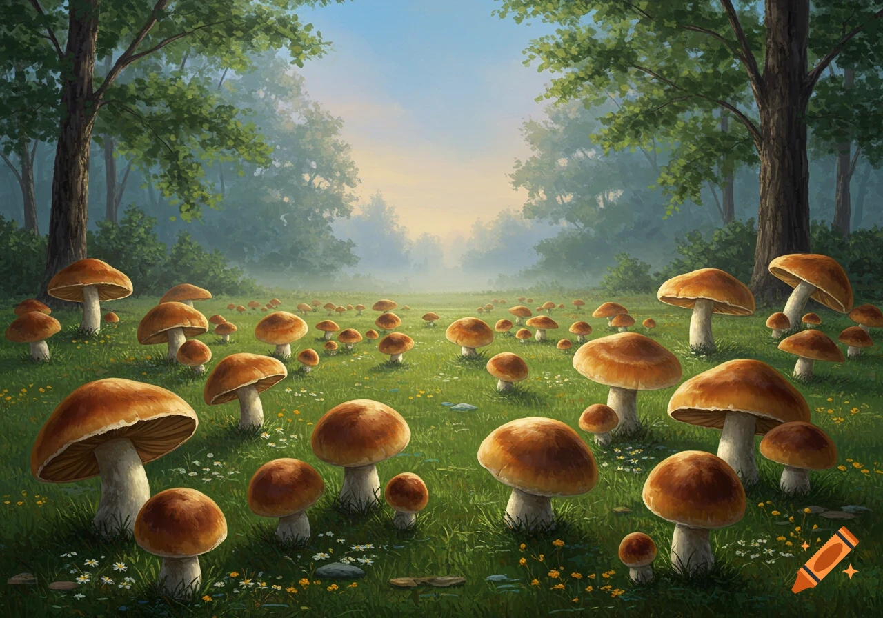 A Bob Ross style painting of a vast field of various sized brown and white mushrooms under tall green trees with a misty forest background.