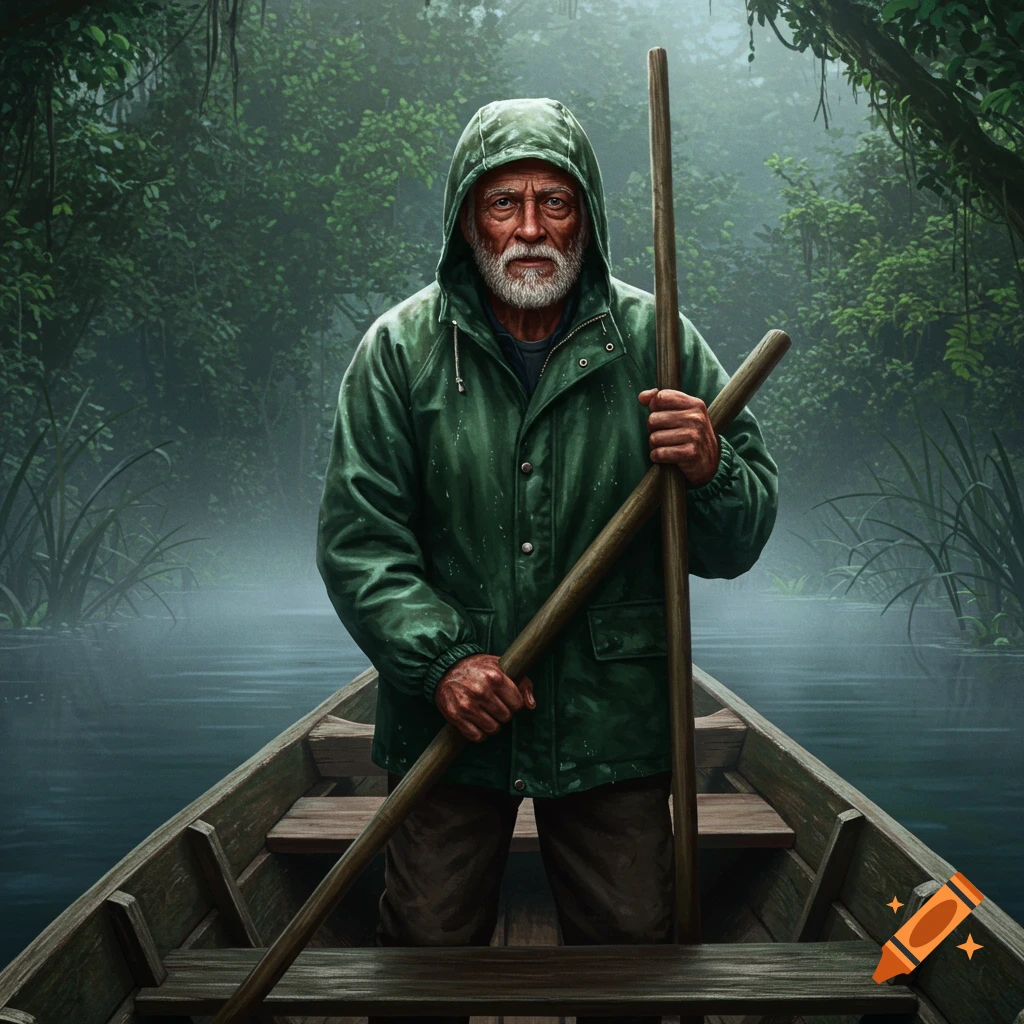 A weathered old man with a white beard stands in an old wooden boat, holding two poles, amidst a misty green swamp.