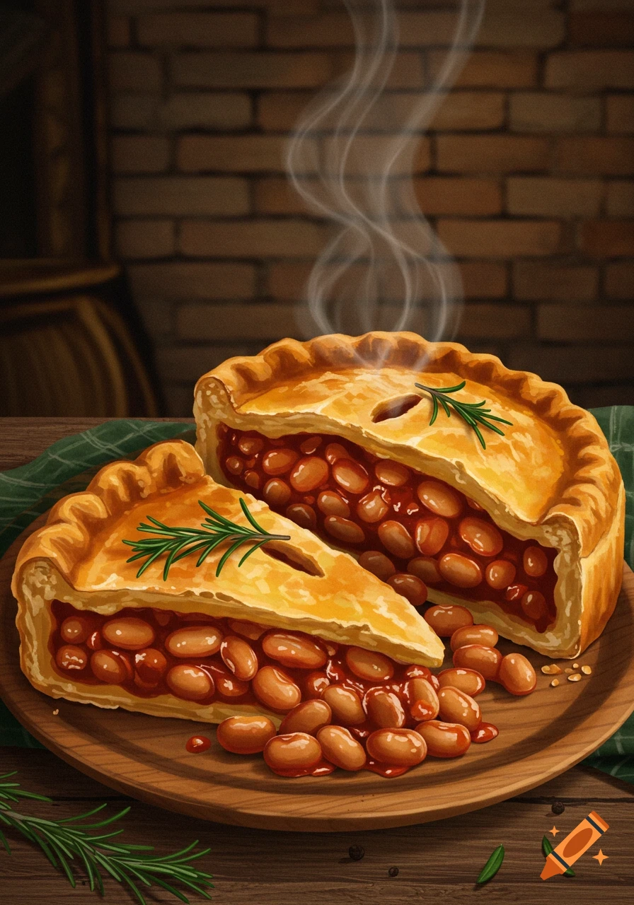 An illustrative image of a steaming, golden-crusted pie cut to reveal a filling of baked beans on a wooden board.