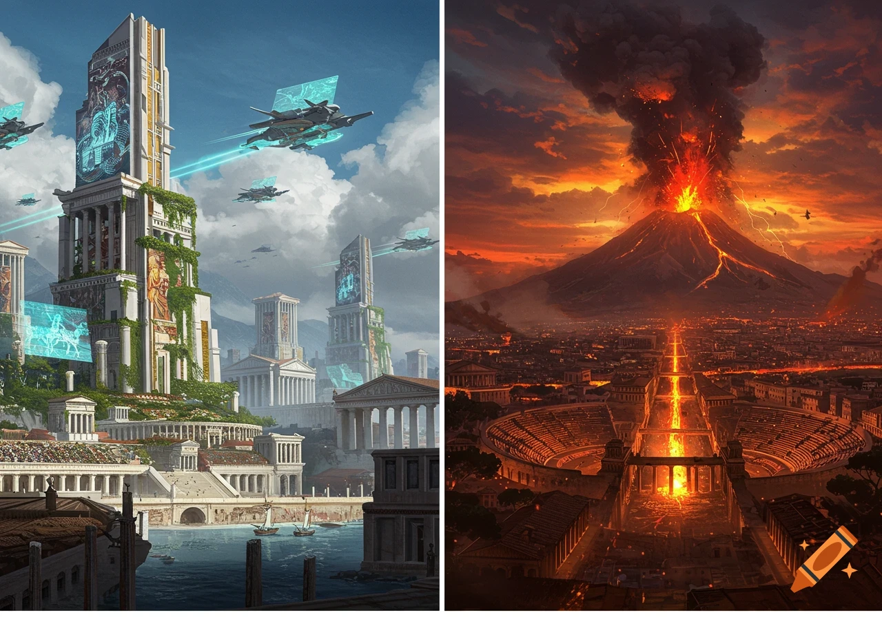 A diptych showing a futuristic Roman city. Left: A vibrant city with ancient architecture and flying vehicles. Right: The same city engulfed in a fiery volcanic eruption.