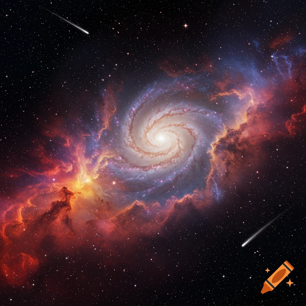 A vibrant spiral galaxy with a bright core, surrounded by red and blue nebulae, and scattered stars with two shooting stars.