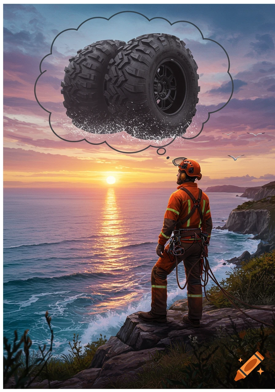 A tree surgeon in work gear stands on a cliff overlooking the ocean at sunset, a thought bubble above his head shows two large off-road tires.