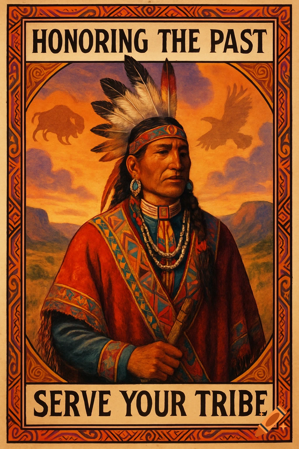 Traditional poster depicts a Native American man in tribal dress and feathered headdress. Text reads "HONORING THE PAST" and "SERVE YOUR TRIBE".