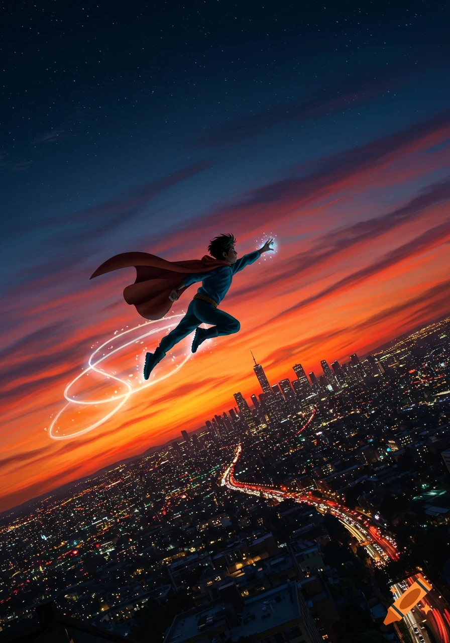 A person in a blue suit and red cape flies high above a sprawling city at a dramatic sunset, with glowing trails.