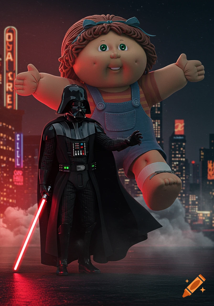 Darth Vader with a red lightsaber looks up at a giant Cabbage Patch Kid in a nighttime city. Photorealistic style.