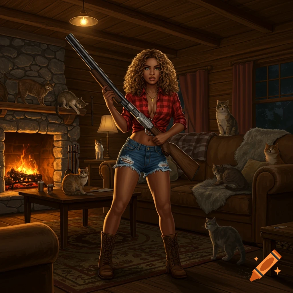 A confident woman with curly hair, in a plaid shirt and denim shorts, stands in a rustic cabin holding a shotgun, surrounded by cats. Digital illustration.