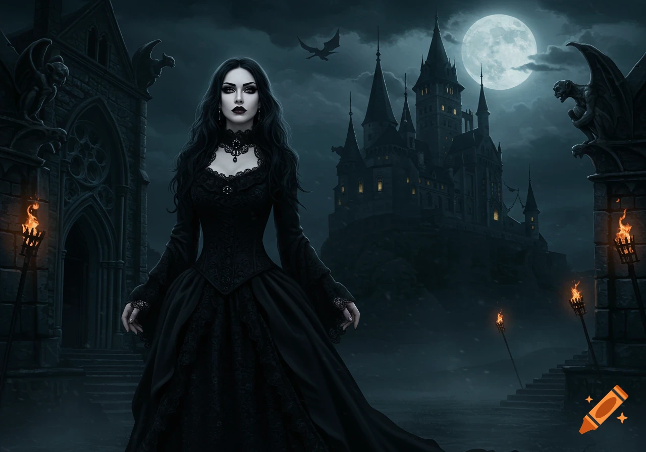 A gothic woman in a black dress stands before a dark castle under a full moon, with gargoyles and torches.