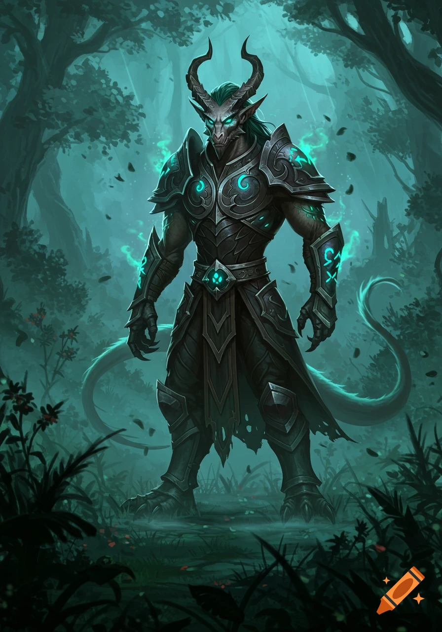 A powerful Dracthyr creature in dark, glowing teal armor stands in a misty forest, fantasy art.