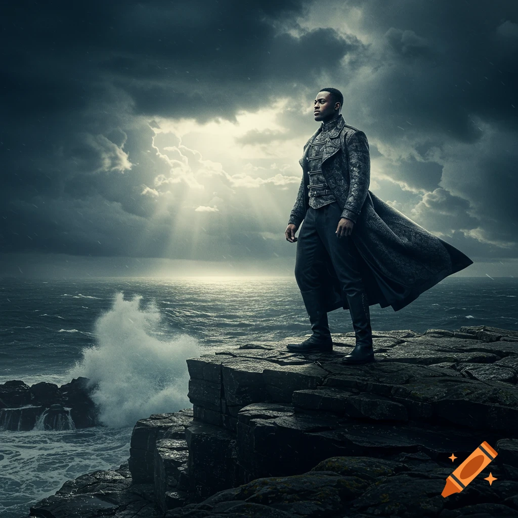 A man in an ornate long coat stands on a rocky cliff overlooking a stormy, turbulent sea with sun rays breaking through dark clouds.