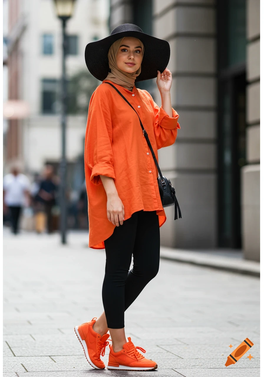 Young woman in orange blouse, black leggings, orange sneakers, and black sun hat stands on a city street. Photorealistic.