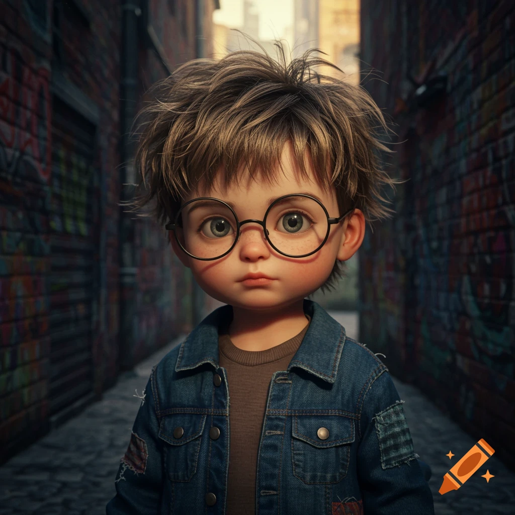 A stylized 3D rendered portrait of a young boy with messy brown hair and glasses, wearing a denim jacket, standing in a graffiti-covered alley.