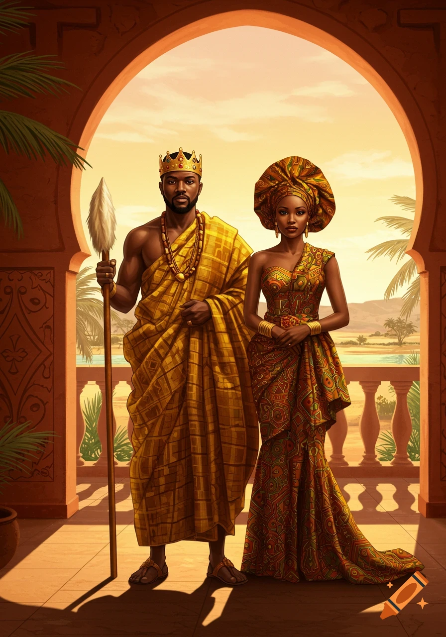 Detailed illustration of an African king and queen in vibrant, traditional gold attire on a palace balcony with a desert view.
