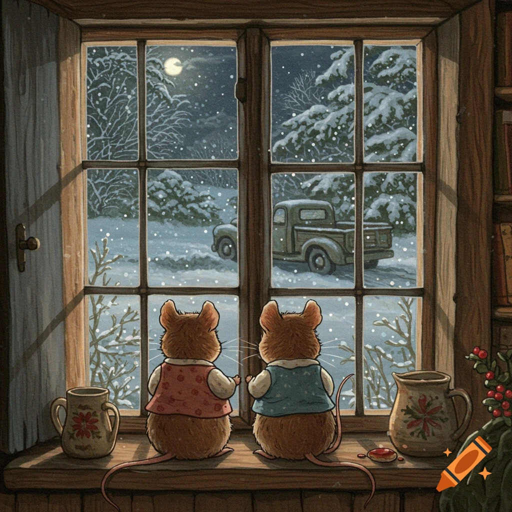 Two illustrated mice sit on a windowsill, looking out at a snowy, moonlit winter night with a truck driving away.
