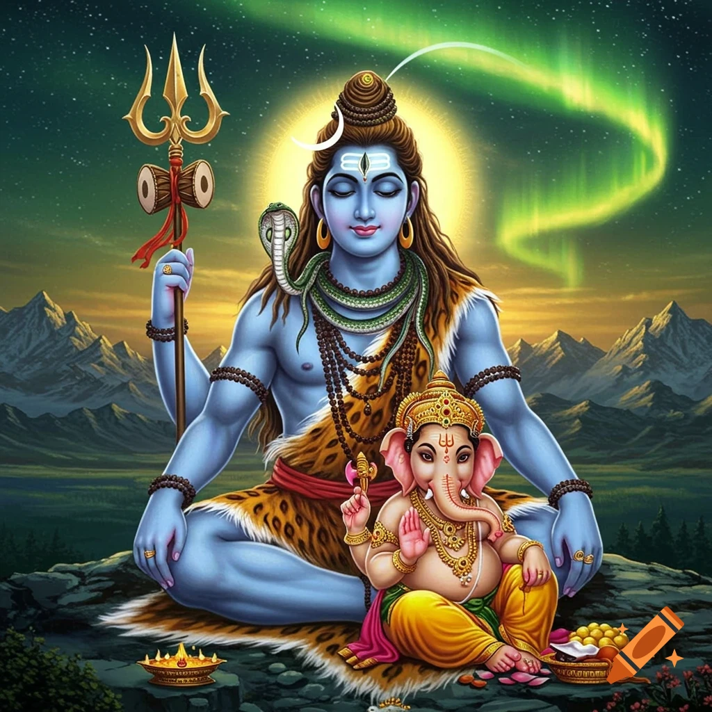 Vibrant digital art of Lord Shiva meditating with Ganesha, holding a trident, in a serene mountain landscape under a glowing sky.