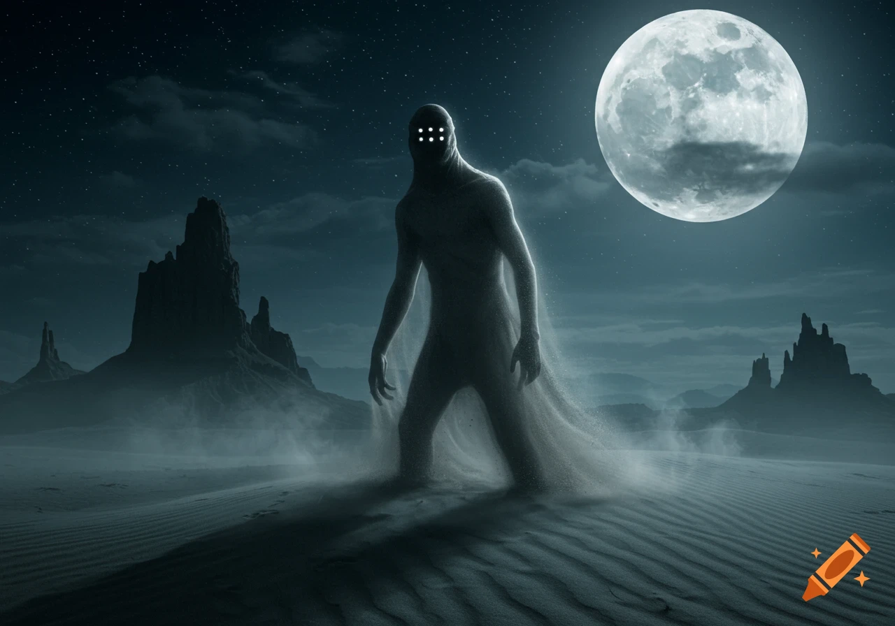 A mysterious sandman figure with glowing eyes in a desert under a full moon at night, with dark mountains in the distance. Photorealistic.