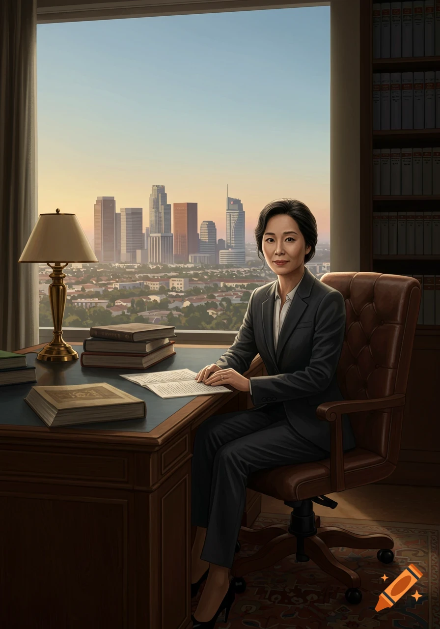 A Korean American woman in a suit sits at a desk with books and papers, looking at the viewer, with a cityscape outside a large window.