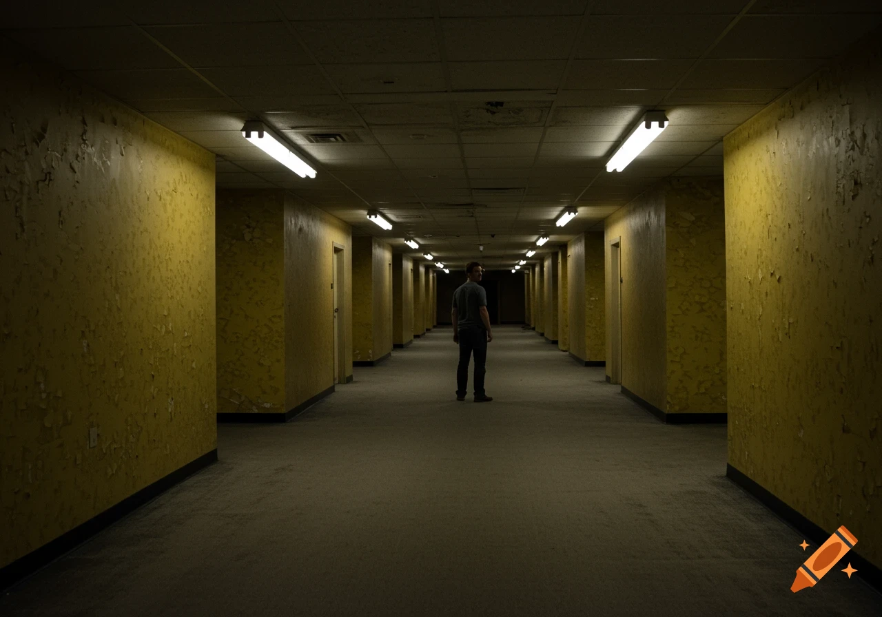 A man stands in a long, dark, abandoned hallway with peeling yellow paint and fluorescent lights, looking back.