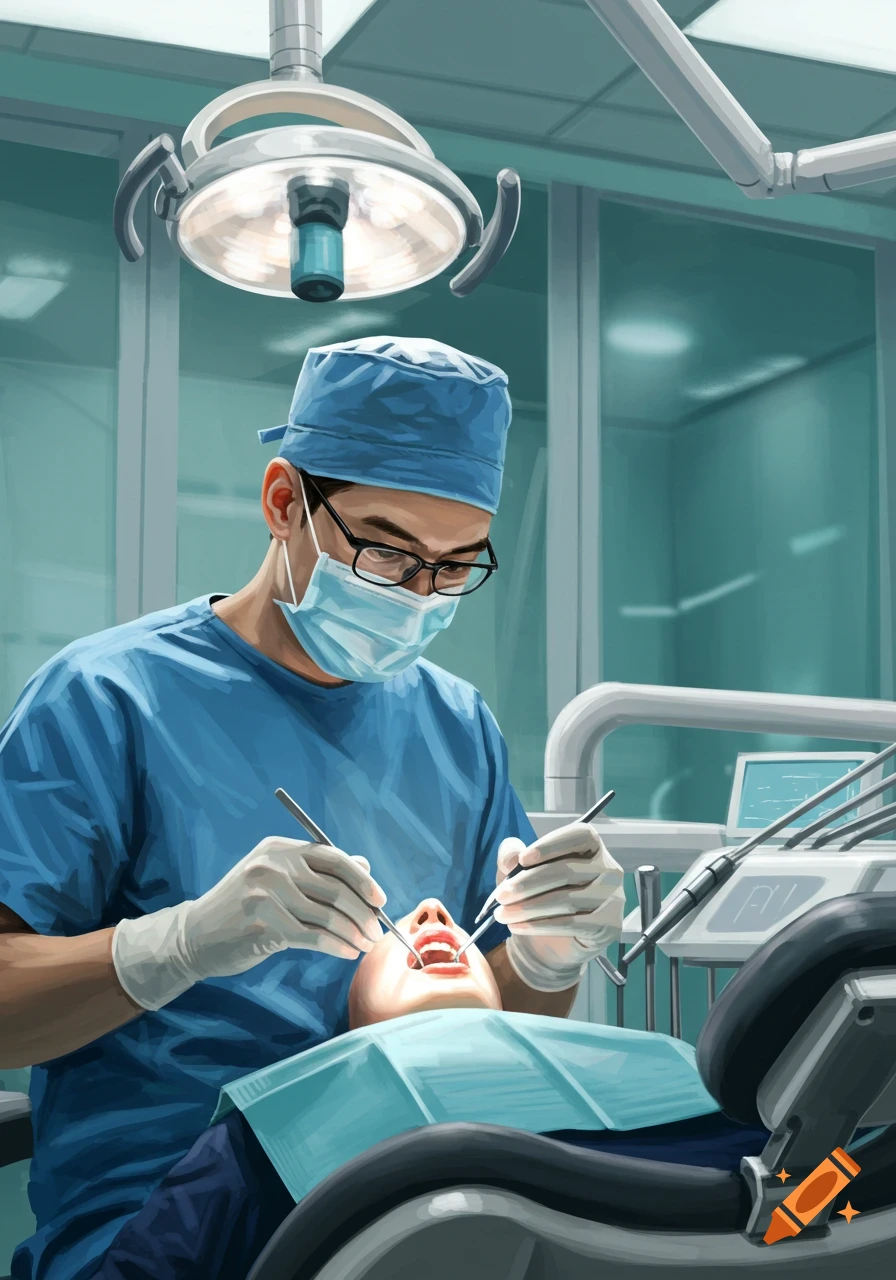 A male dentist in blue scrubs, mask, and glasses works on a patient's open mouth with dental tools in a bright, illustrative style.