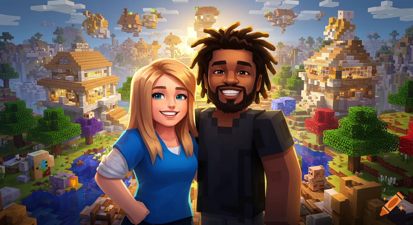 A stylized image of a smiling white woman and a black man with dreads in a vibrant, blocky Minecraft-like world with floating islands.