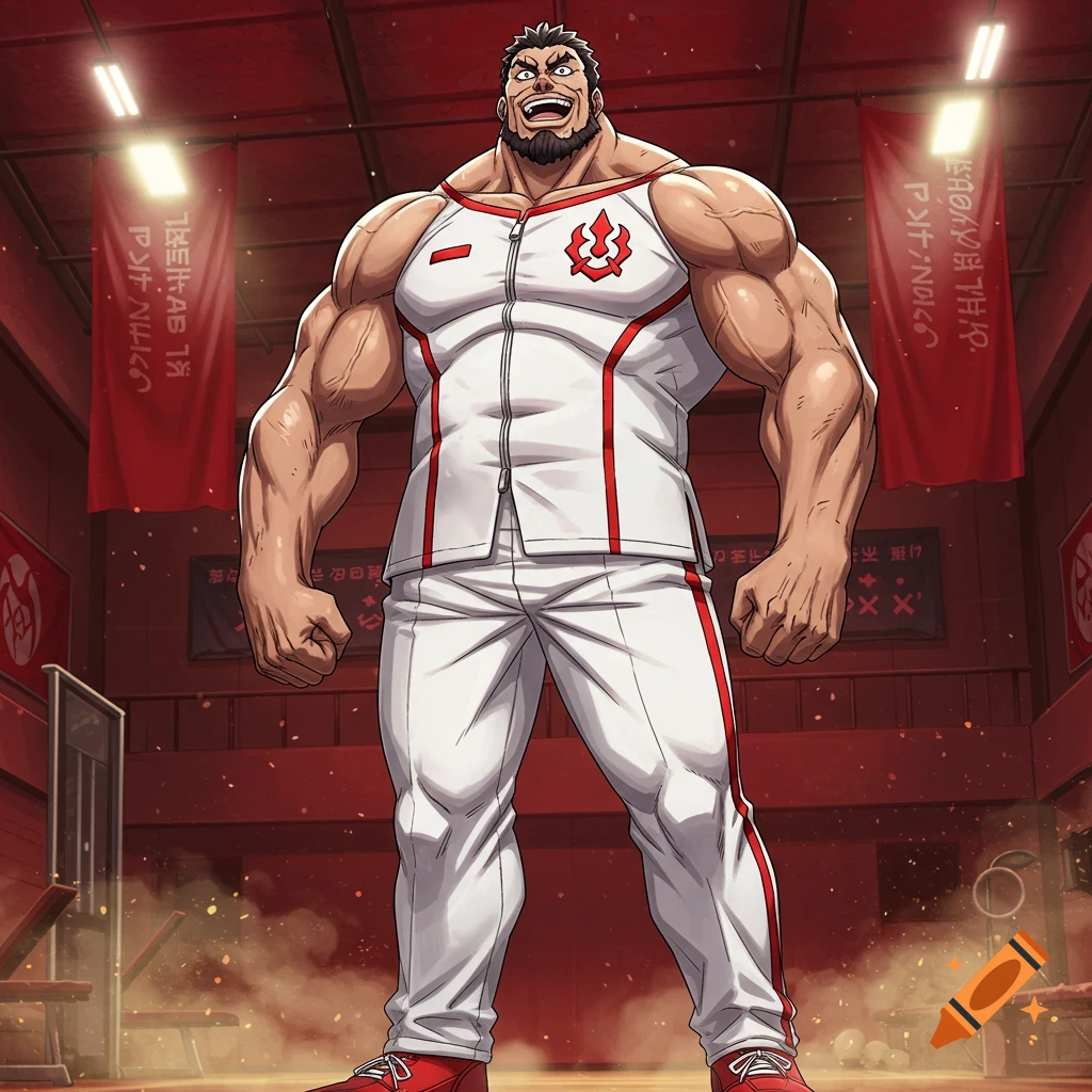 A muscular, smiling anime man in a white and red tracksuit stands confidently in a gym.