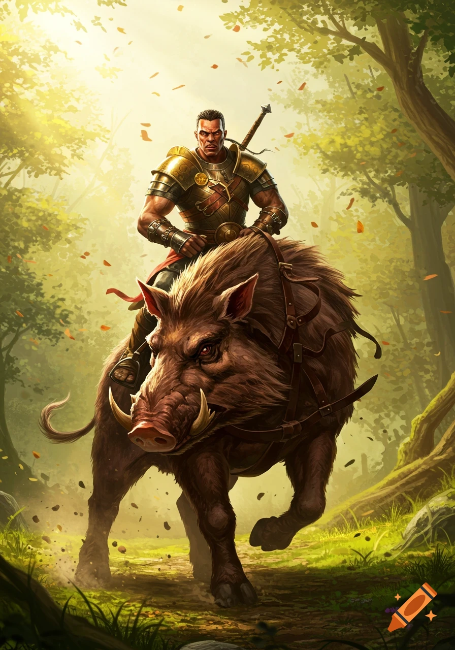 A muscular warrior with a sword rides a giant wild boar through a sunlit forest. Illustrated fantasy art style.