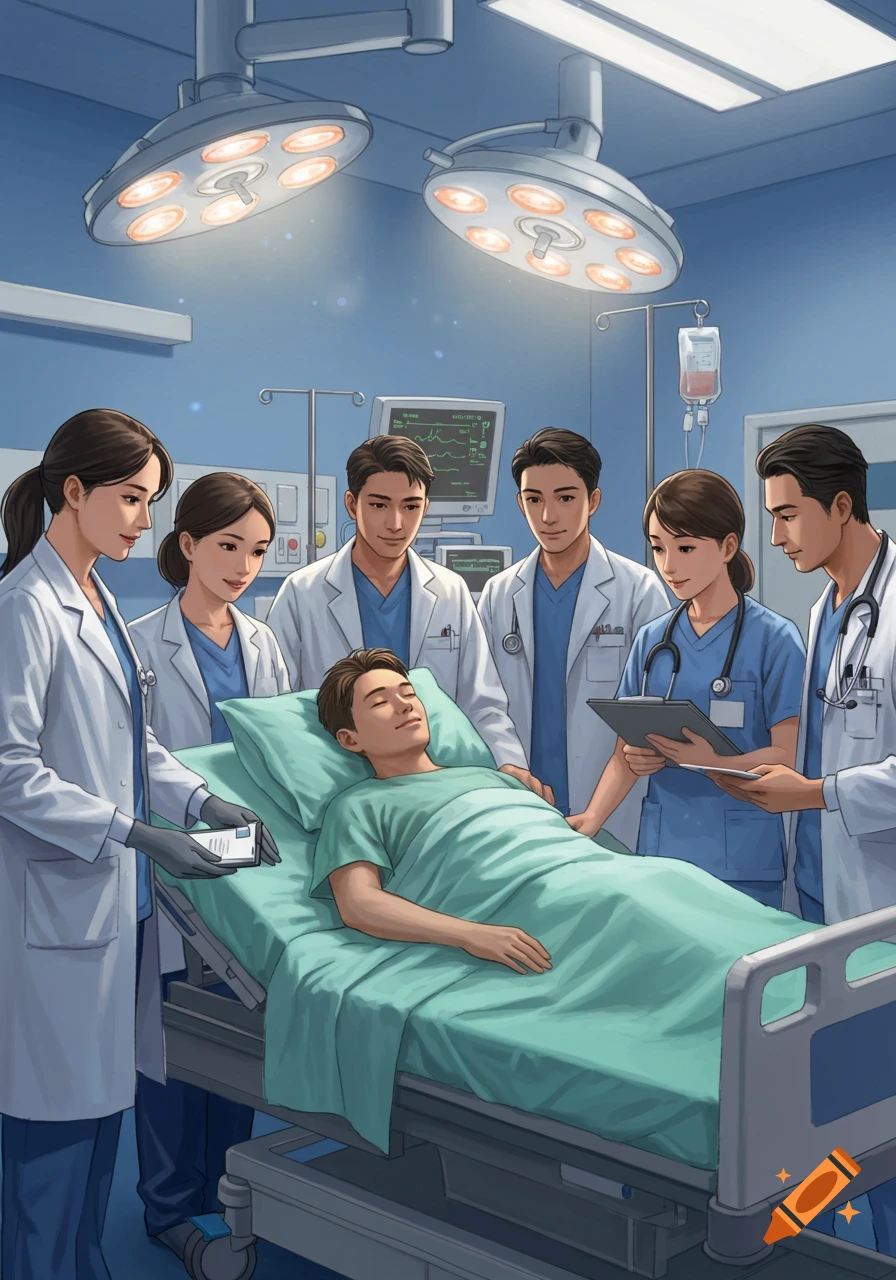 A team of doctors and nurses in a hospital room surround a patient lying in bed, depicted in an illustrative style.