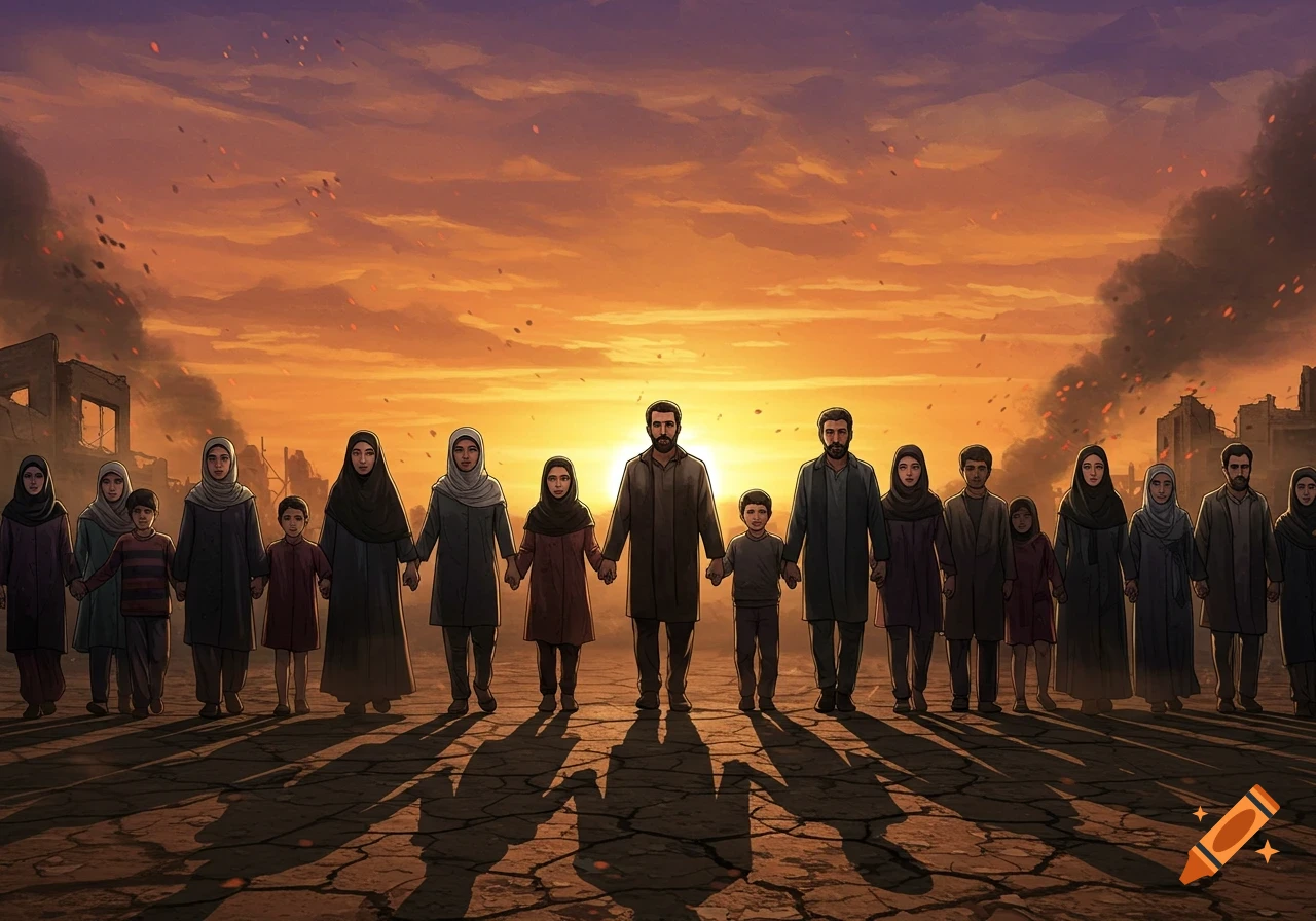 Illustrated group of men, women, and children holding hands on cracked earth against a dramatic sunset and destroyed city.