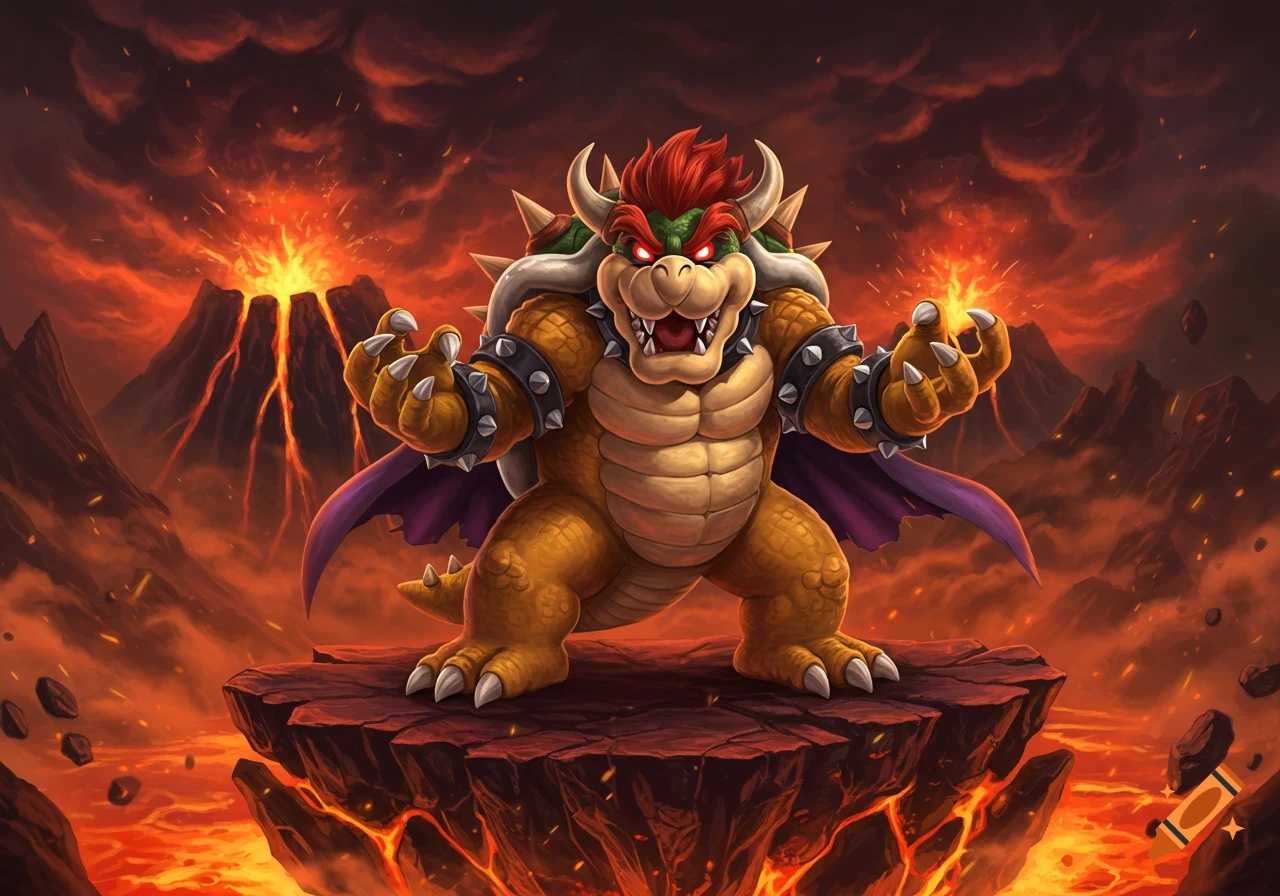Bowser stands defiantly on a rocky platform amidst an erupting volcanic landscape, hands glowing with fire.