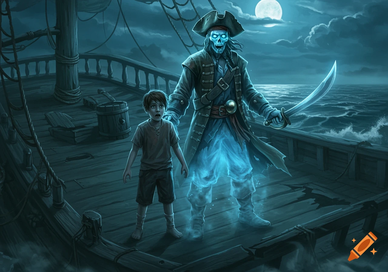 A scared boy stands next to a glowing ghost pirate on a ship deck at night, under a full moon, with rough seas, in a fantasy illustration.