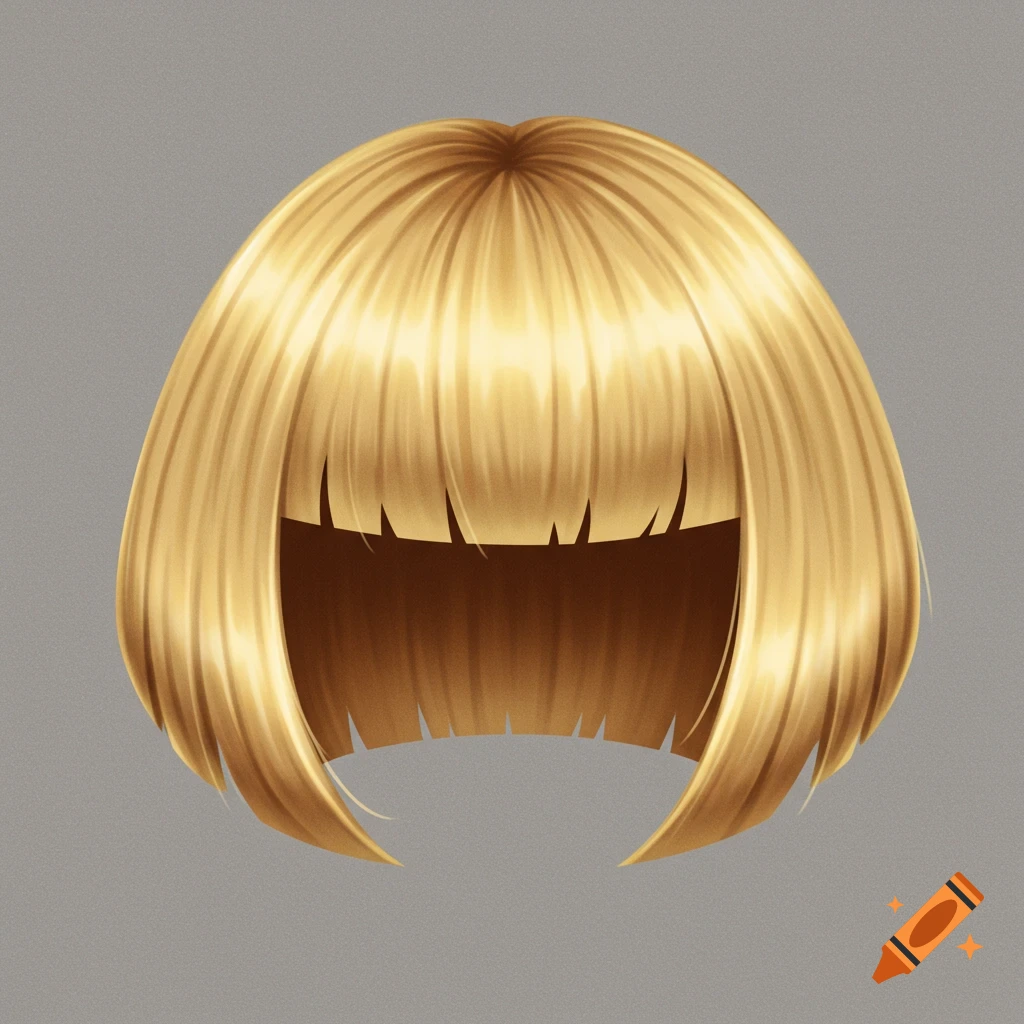 A stylized blonde bob haircut, resembling Lord Farquhar's, against a solid gray background.