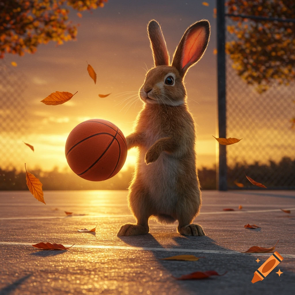 A cute, photorealistic bunny stands on an outdoor basketball court, holding a basketball at sunset with autumn leaves falling.