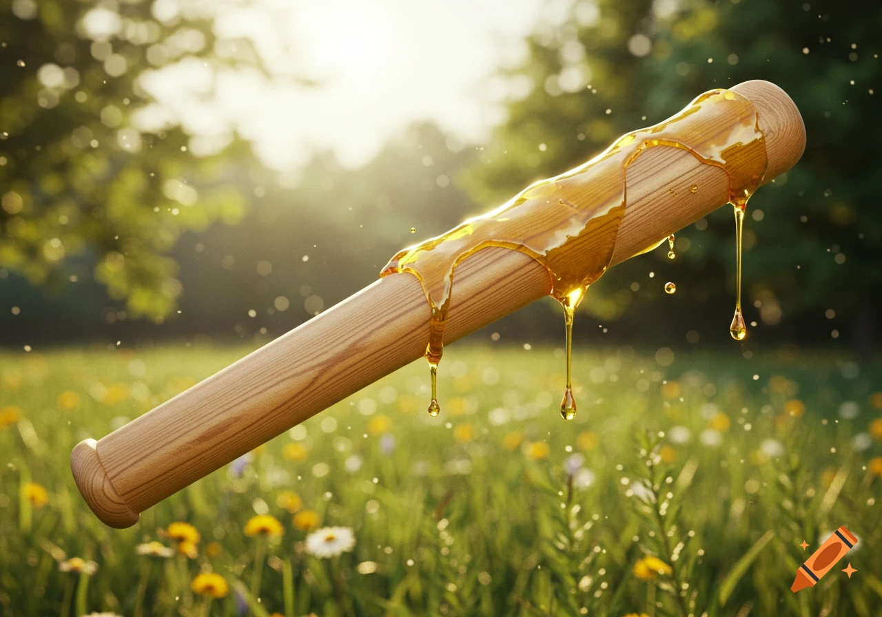 A photorealistic image of a wooden baseball bat covered in dripping honey, set in a sunny field with wildflowers.