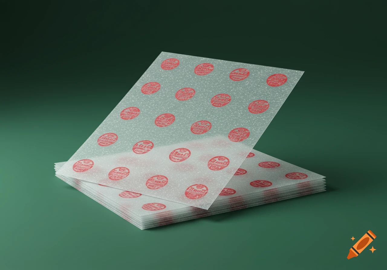 Hyper-realistic studio photo of stacked translucent greaseproof paper with repeating red circular logos on a forest green background.