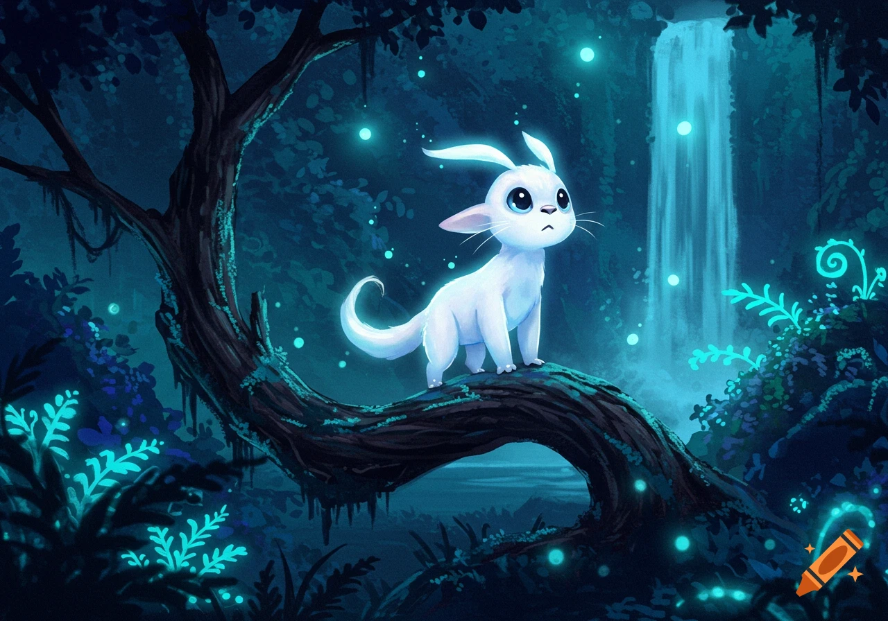 A small white creature with large ears, resembling Ori, stands on a dark tree branch in a glowing blue fantasy forest with a waterfall.