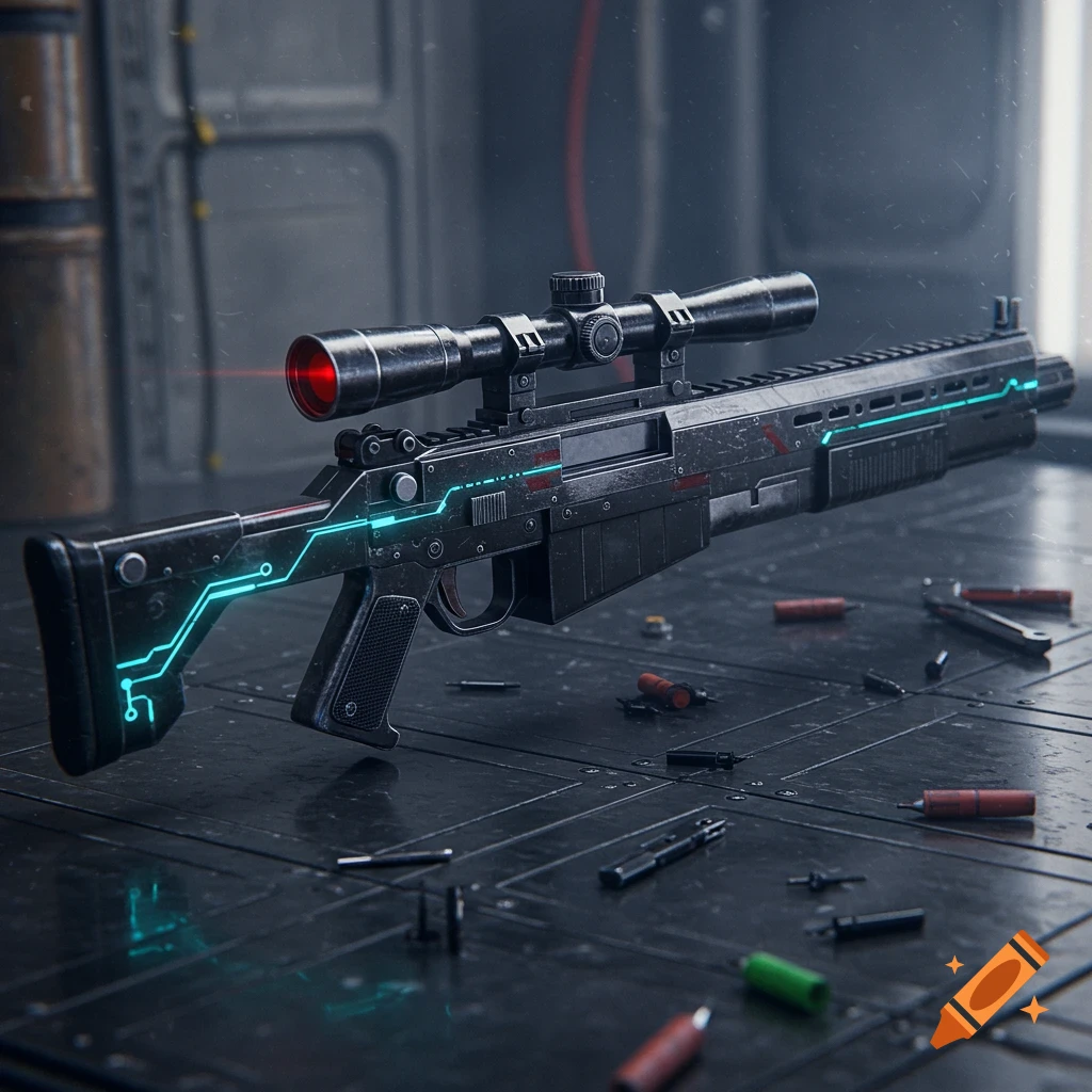 Photorealistic render of a black futuristic blaster rifle with glowing blue circuits and a red laser sight, on a metallic floor.