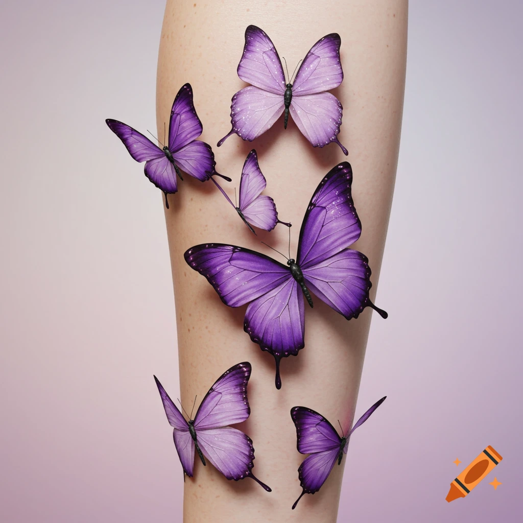 Several vibrant purple butterflies appearing as 3D tattoos on a person's limb against a soft purple background.