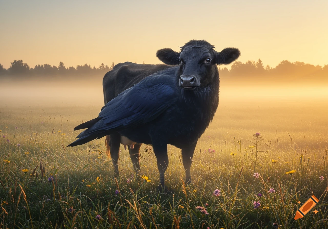 A black cow with a large crow's wing stands in a misty, golden field with wildflowers at sunrise.
