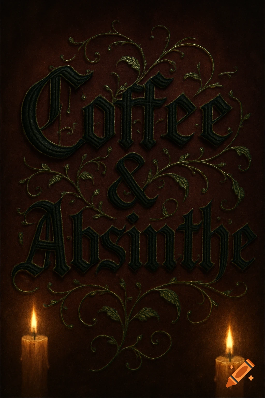 Gothic embroidery text 'Coffee & Absinthe' with intertwining vines and two lit candles on a dark red background.