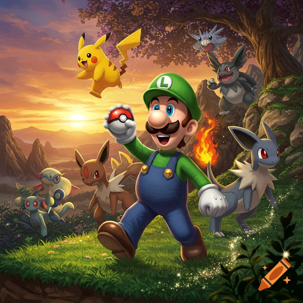 Luigi, holding a Pok R Ball, surrounded by Pikachu, Eevee, and other Pok R mon in a vibrant sunset landscape.
