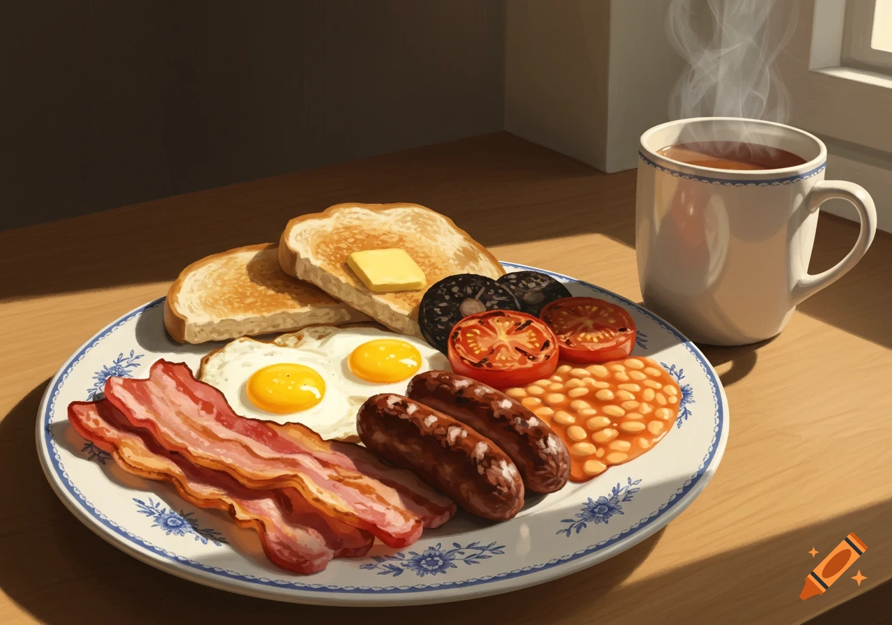 A stylized illustration of a full English breakfast including bacon, eggs, sausages, beans, tomatoes, black pudding, and toast on a plate next to a steaming mug of tea.