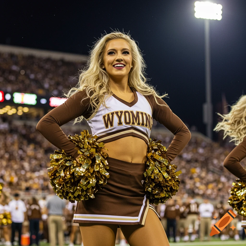 A blonde University of Wyoming cheerleader in a brown crop top and skirt poses with gold pom-poms on a football field at night.