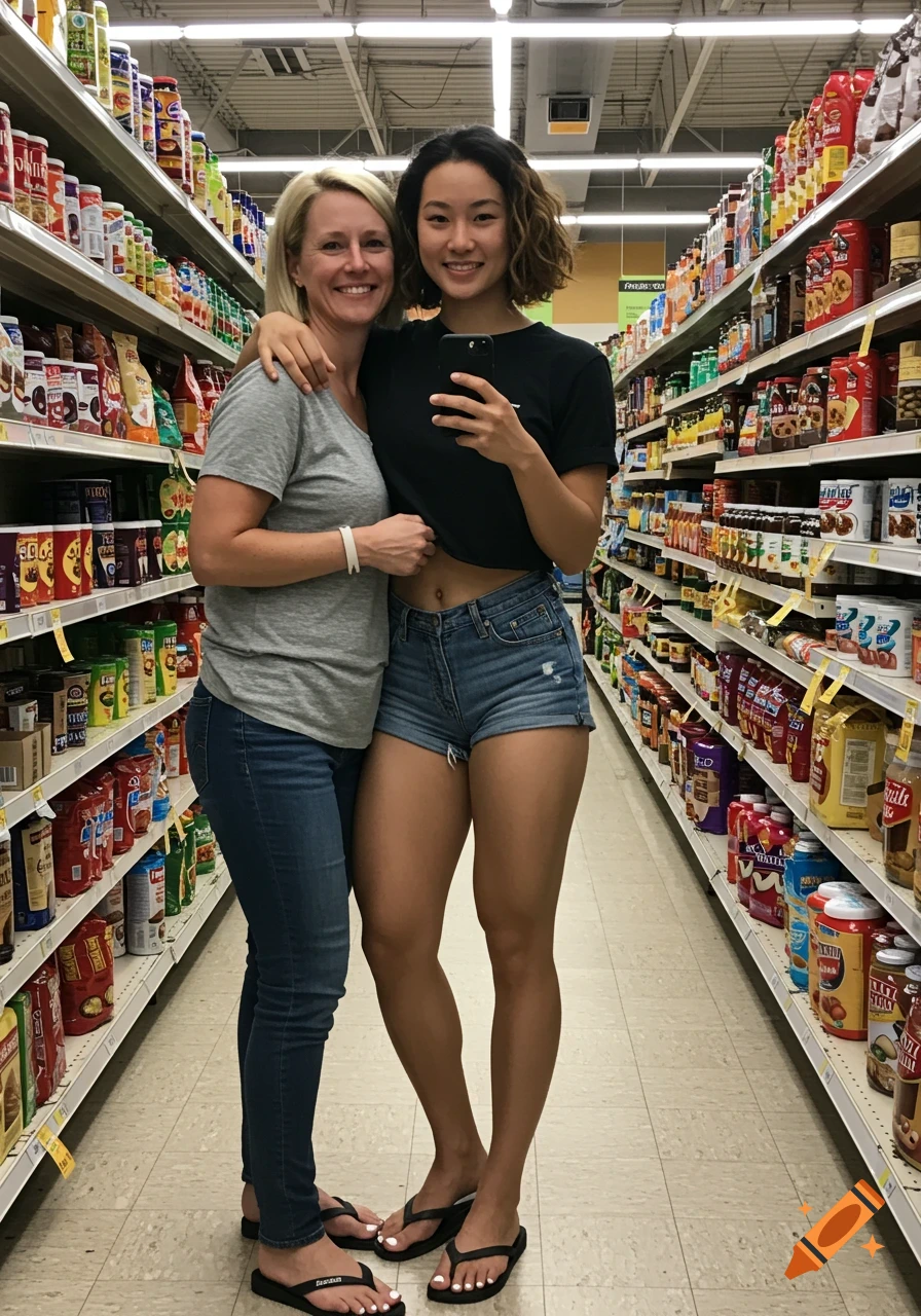 Two women, one in a black crop top and shorts, the other in a gray t-shirt and jeans, pose smiling in a grocery store aisle.