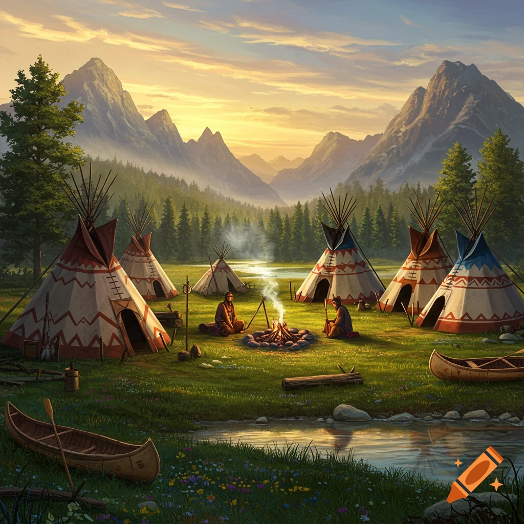 An illustrated Native American campsite with multiple tipis, people around a campfire, canoes by a river, and mountains at sunset.
