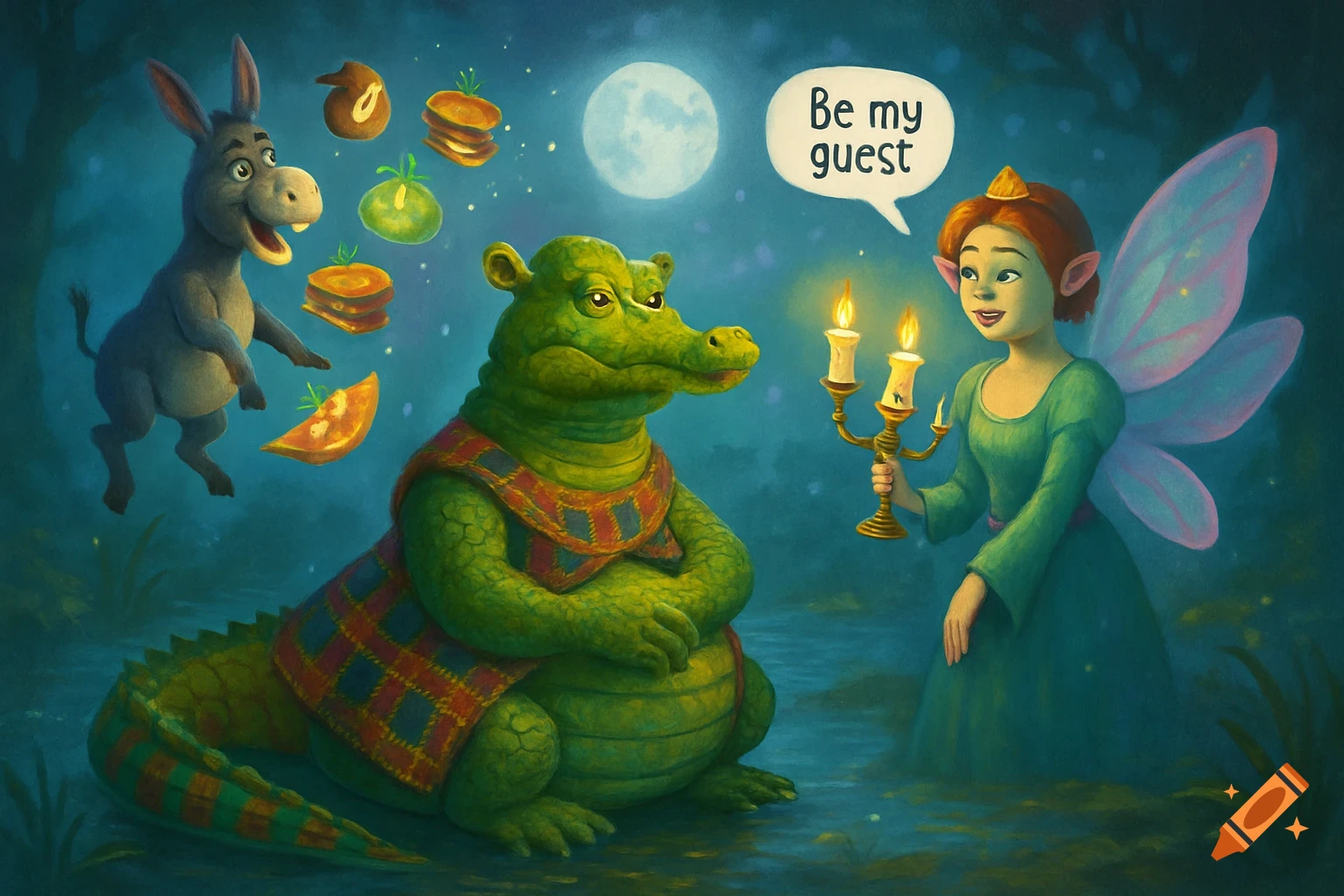 A cartoon donkey floats near a regal crocodile in a swamp at night, while a fairy holds a candelabra and says 'Be my guest'.