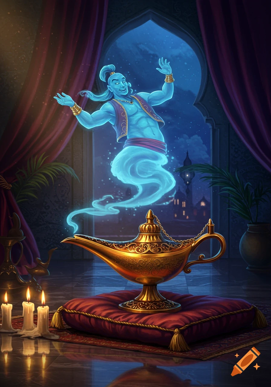 An excited blue genie emerges from a golden lamp on a red pillow in an ornate, candlelit room.