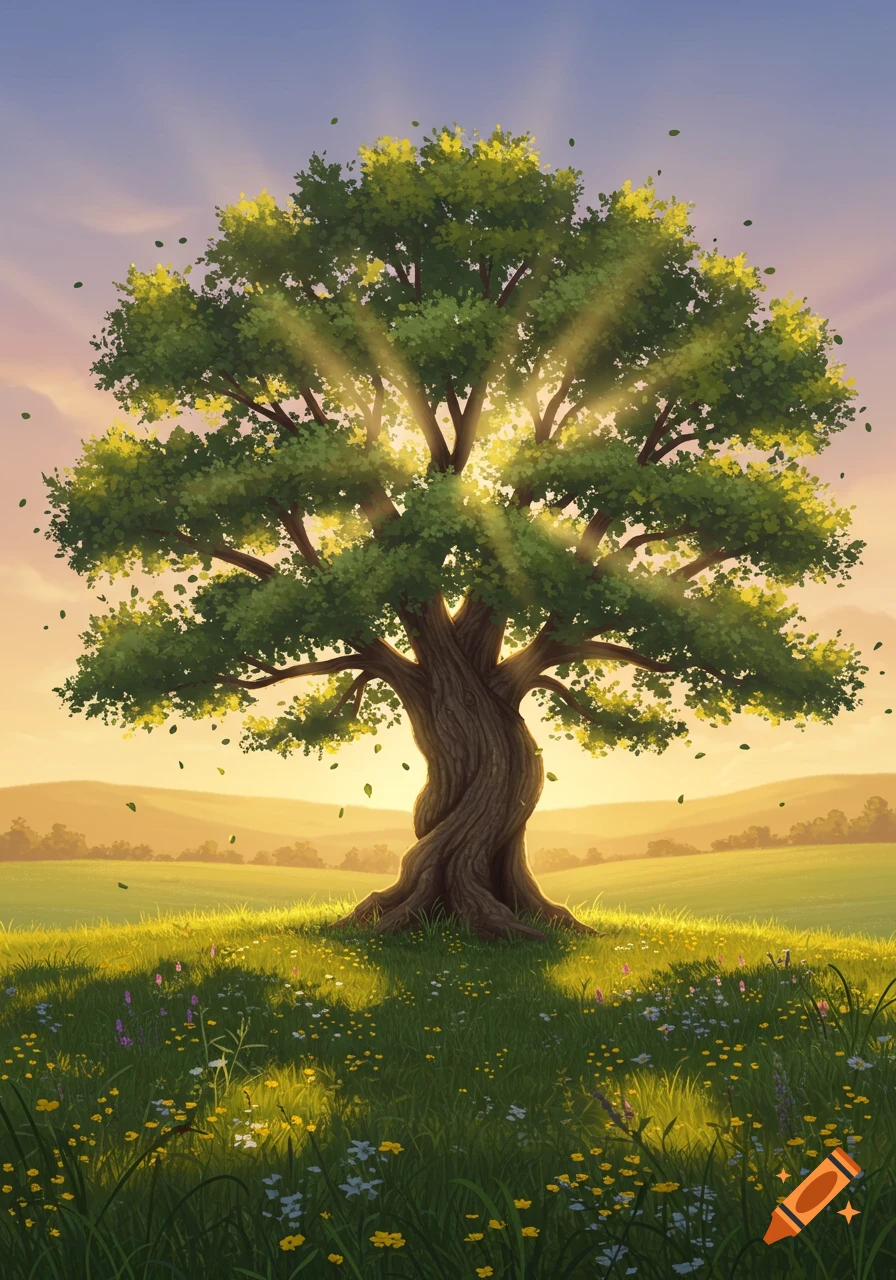 A large, vibrant green tree bathed in sunlight stands in a lush meadow filled with colorful wildflowers under a soft, painterly sky.